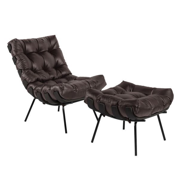 Poltrona com Puff Decorativos Sala de Estar Costela Base Preta Couro Marrom - Gran Belo - 1