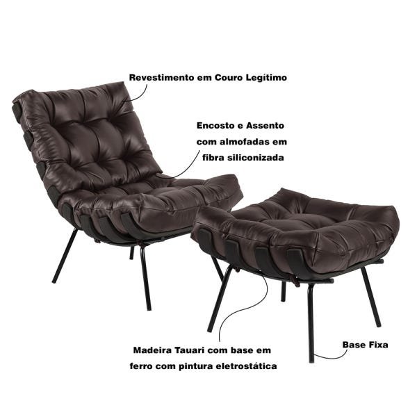 Poltrona com Puff Decorativos Sala de Estar Costela Base Preta Couro Marrom - Gran Belo - 3
