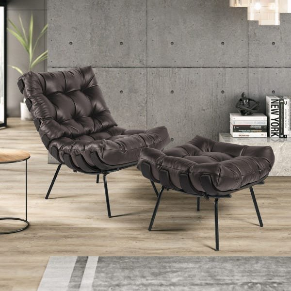 Poltrona com Puff Decorativos Sala de Estar Costela Base Preta Couro Marrom - Gran Belo - 4