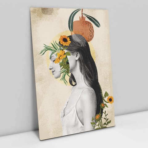 Quadro Decorativo em Canvas Abstrato Face Flowers - Moldura Madeira - 60 x 40cm