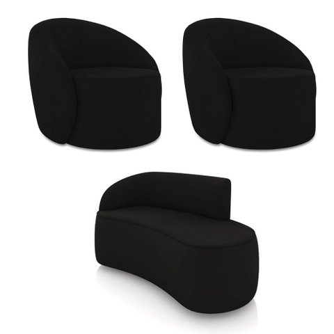 Sofá 2 Lugares Orgânico 140cm Morgan e 2 Poltronas Lua Veludo Preto D03 - D’Rossi
