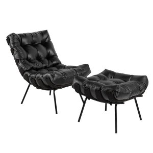 Poltrona com Puff Decorativos Sala de Estar Costela Base Preta Couro Preto - Gran Belo