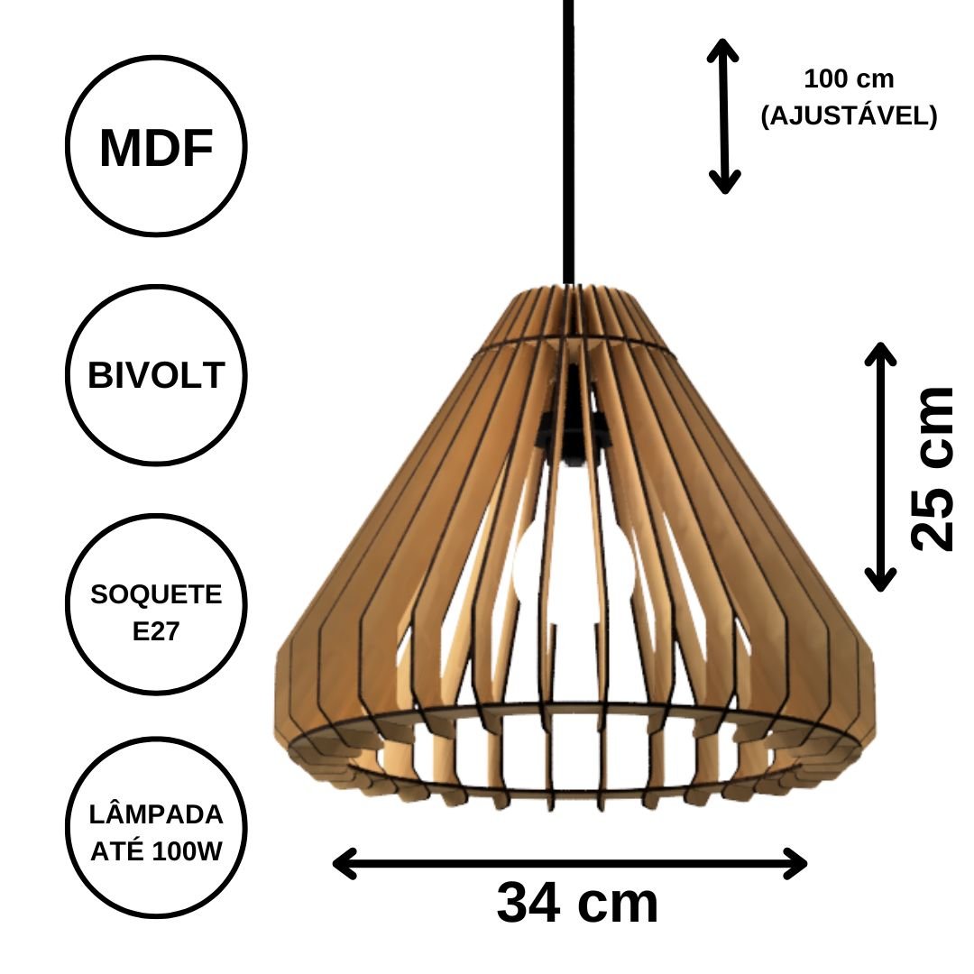 Luminária Teto tipo Pendente CONE MDF - Completa - Cor: Preta - 3