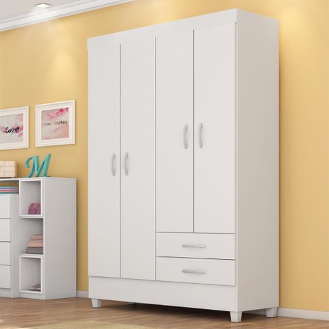 Guarda Roupa Solteiro 4 Portas e 2 Gavetas Toledo - Branco/rosa/branco