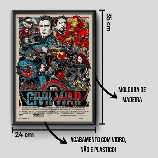 Quadros Poster Decorativo Moldura Madeira Pinos Com Vidro MARVEL GUERRA CIVIL 21cmX31cm - 3