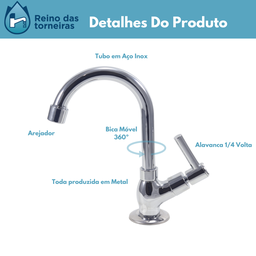 Torneira Lavatório Inox Bica Móvel Metal C51 1/4 de Volta - 5