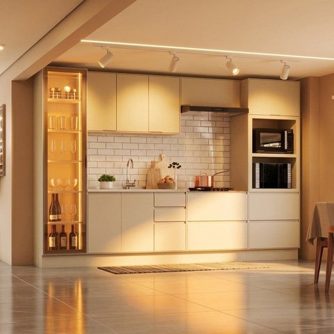 Cozinha Completa 100% MDF com Cristaleira e Torre Quente 2 Fornos Fineze