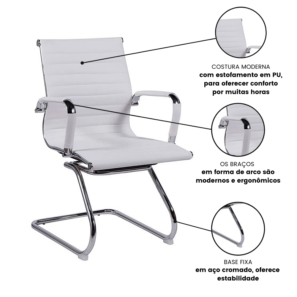 Kit 4 Cadeiras Escritório Esteirinha Eames Branca Fixa - 6