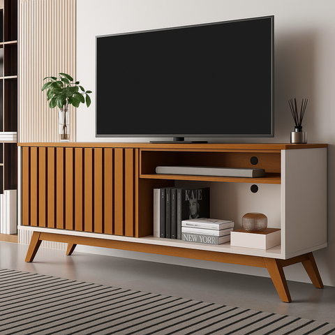 Rack Buriti Ripado 160cm 2 Portas para Tv até 65 Polegadas Offwhite com Nature - Rede Móveis