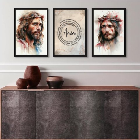 Kit 3 Quadros Aquarelas Face de Jesus - Pai Nosso 33x24cm:madeira Branca