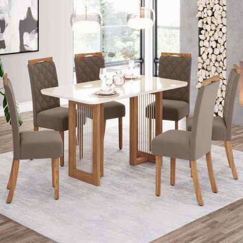 Conjunto Sala de Jantar Mesa Canto Arredondado com Vidro 6 Cadeiras Yara Marrom/Nature/Off White/Amêndoa