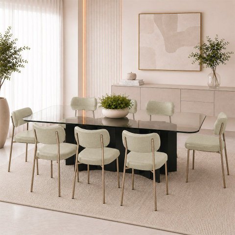 Kit 8 Cadeiras Sala de Jantar Lisa Pés Champanhe Linho Bege m² - Monari Design