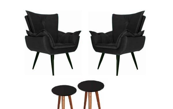 Kit 02 Poltronas Decorativas EMILIA PLUS PRETO Suede pés palitos e Jogo Decorativo de Mesa PRETO - K - 1