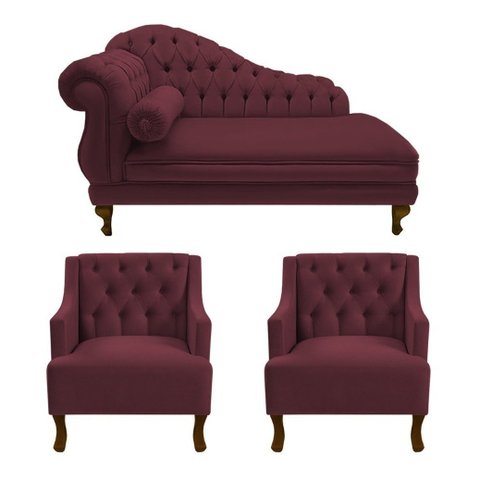 Divã Larissa 150 cm Direito de quem senta e 2 Poltronas Genesis Suede Vermelho Bordo - LM DECOR