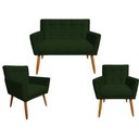 Ver imagem 1 de Kit Namoradeira + 2 Poltronas Decorativa Onix Suede Verde Pés Madeira Ms Decor