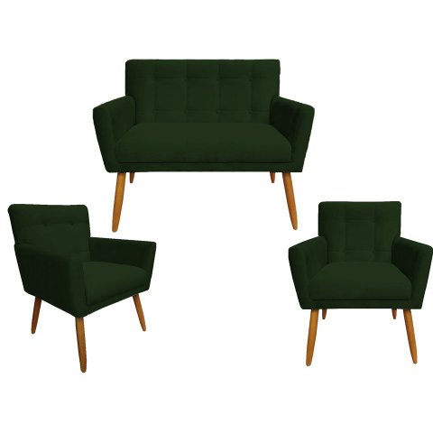 Kit Namoradeira + 2 Poltronas Decorativa Onix Suede Verde Pés Madeira Ms Decor