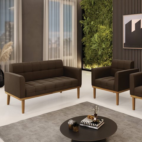 Conjunto Poltrona e Namoradeira Decorativas Karen Pés Fixo em Madeira Castanho Suede Marrom 19 - Gra
