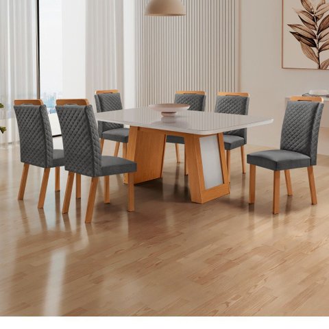Mesa de Jantar Carolina 180cm Tampo MDF Vidro Canto Copo com 6 Cadeiras Lorena
