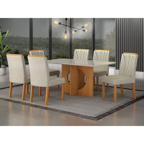 Sala de Jantar 6 Cadeiras 100%mdf 1,60x80 Sophia Arbo Design Cinamomo Linho Bege