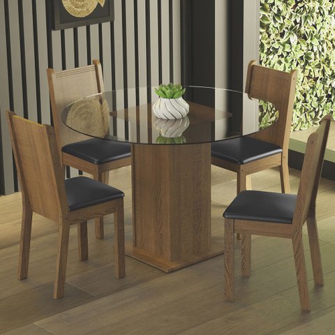 Conjunto Sala de Jantar Madesa Débora Mesa Tampo de Vidro Redondo 4 Cadeiras Rustic/Preto Cor:Rustic