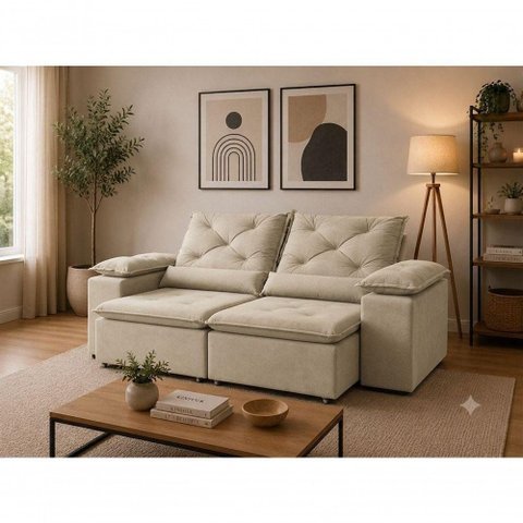 Sofá com Chaise Beatriz 3 Lugares Retrátil e Reclinável 195cm Bege