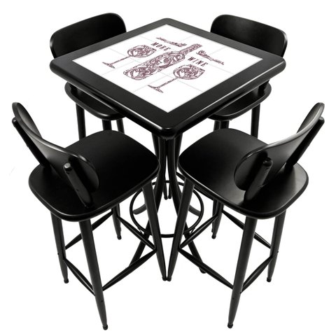 Conjunto Mesa Madeira Azulejo 60x60cm - Bistrô Fixa 98cm + 4 Banquetas 73 - Preta - More Wine