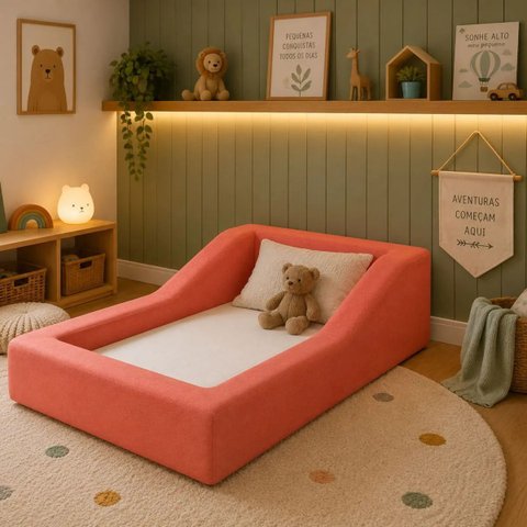 Cama Montessoriana Infantil Estofada Soft Proteção Lateral Terracota Boucle
