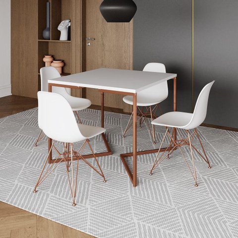 Mesa Jantar Industrial Quadrada 90Cm Branca Base Cobre V Com 4 Cadeiras Brancas Pés Cob Cor: Branco