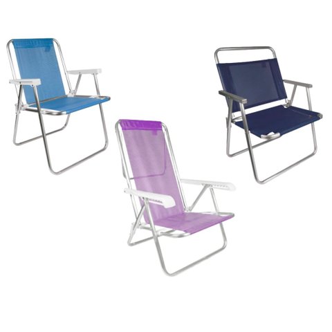 Kit 1 Cadeira Praia Reforçada 140kg Azul + 1 Cadeira Alta Aluminio + 1 Cadeira Reclinavel