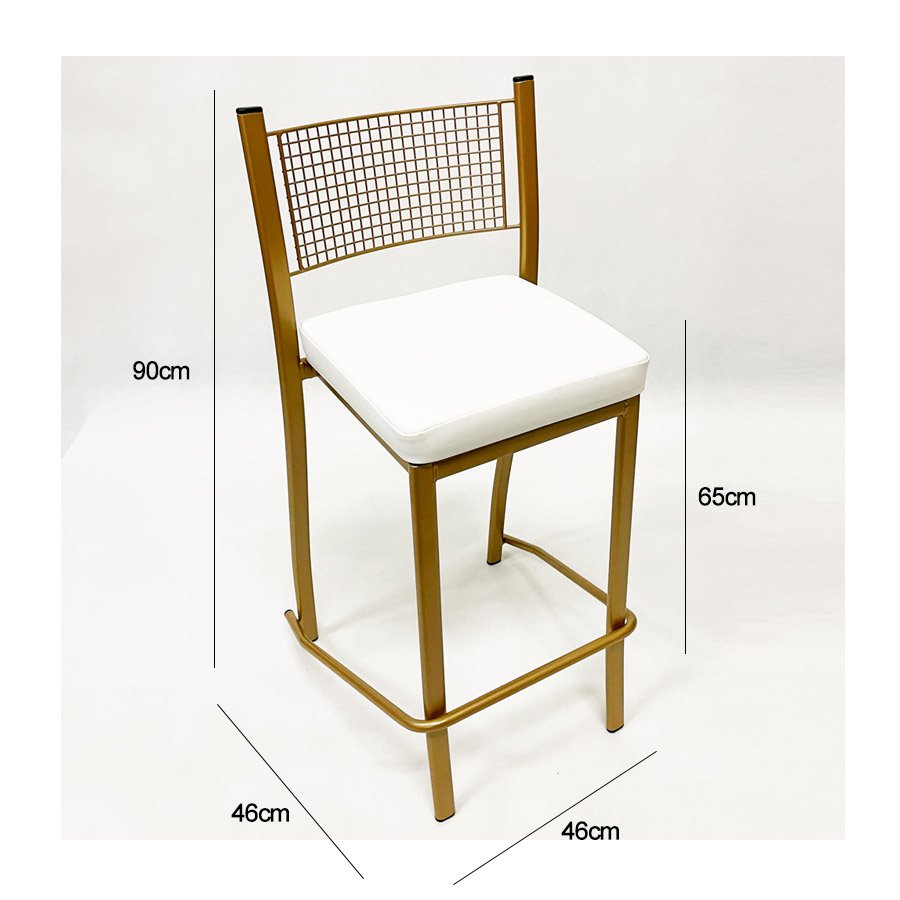 Kit 4 Peças Banqueta Média para Bancada Empilhável cor Dourado Fosco assento branco Altura 65cm - 4