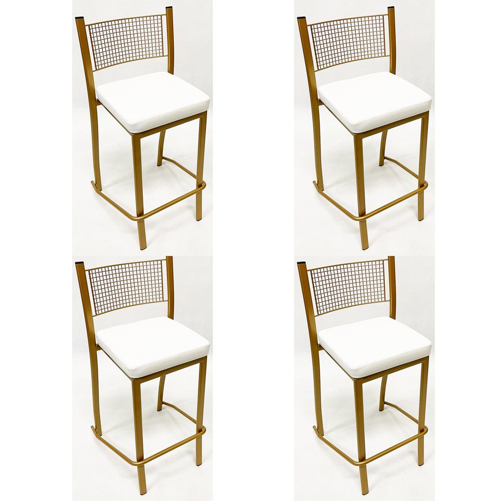 Kit 4 Peças Banqueta Média para Bancada Empilhável cor Dourado Fosco assento branco Altura 65cm - 1