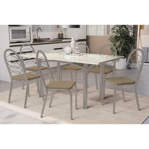 Sala de Jantar Completa Elba Tampo Madeirado C/ Vidro 160cm e 6 Cadeiras Holanda Niquel/off White -