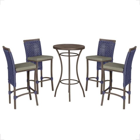 Mesa Bistrô e 4 Banquetas Roma Marrom Corda Estofado 8 Trama Azul