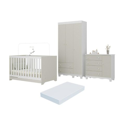 Quarto de Bebê Completo Berço Americano 3 em 1 Colchão Dengo Multimóveis Mp4608 Branco/off White