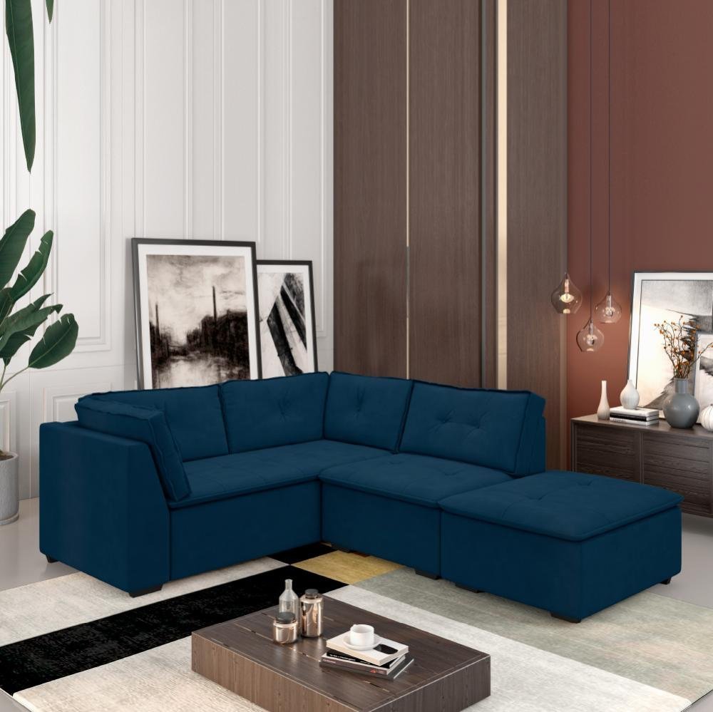 Sofá de Canto com Puff 5 Lugares Cabul Veludo Azul Luizzi MadeiraMadeira