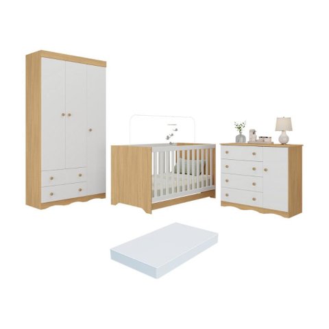 Quarto de Bebê Completo Berço Americano 3 em 1 Colchão Realeza Multimóveis Mp4607 Madeirado/