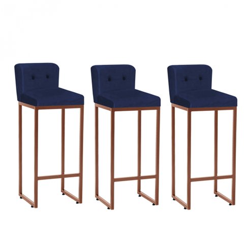 Kit 03 Banqueta Alta Com Encosto Lucca Industrial Cozinha Balcão Ferro Bronze Botão Suede Azul