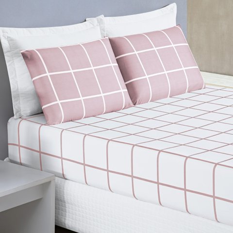 Jogo Cama Lençol Brooklyn Queen Quadriculado Micropercal 200 Fios 3 Peças - Rosa