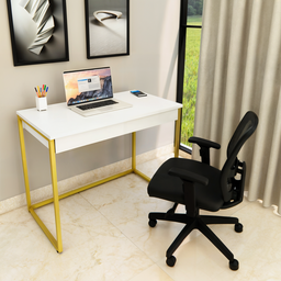 Mesa Escrivaninha com Gaveta Estilo Industrial Moderna 100% Mdf e Aço:branco com Dourado - 2