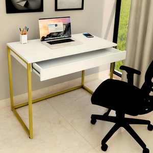Mesa Escrivaninha com Gaveta Estilo Industrial Moderna 100% Mdf e Aço:branco com Dourado