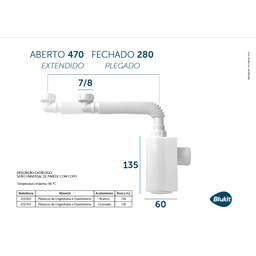 SIFAO COPO BLACK PAREDE PARA LAVATORIO 7/8 x DN38 BLUKIT - 5