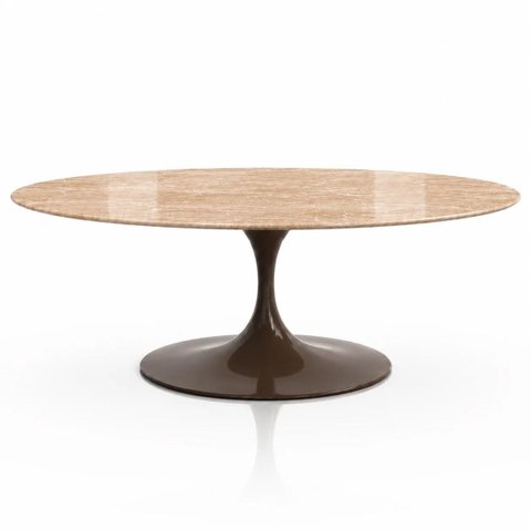 Mesa de Jantar Saarinen Oval 244x137 cm Tampo Mármore Travertino Base Laca Marrom Cacau
