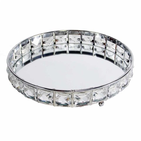 Bandeja Decorativa Redonda Prata Cristal com Espelho 21cm KV0252 BTC