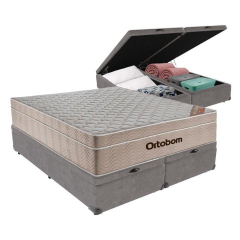 Cama + Box Airtech Colchão Ortobom Queen com Baú Bege Springpocket Cinza