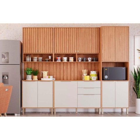 Kit Cozinha Modulada 7 Peças (2aéreos+2balcões+1paneleiro+2complementos) Cz011 Freijo/off White