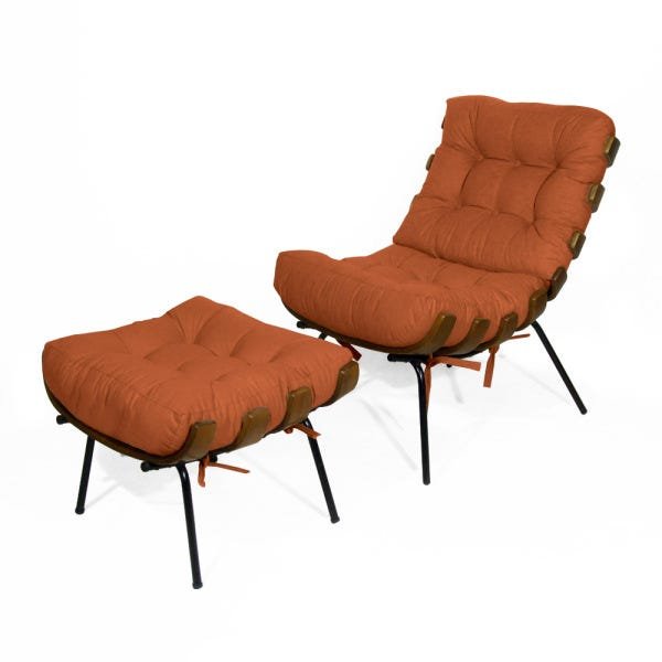 Poltrona Decorativa Costela com Puff Costela Suede Telha