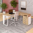 Ver imagem 1 de Mesa L 150cm Pé Metal Gaveteiro 4 Gavetas e Chave F5 Office Cor:macadâmia com Branco