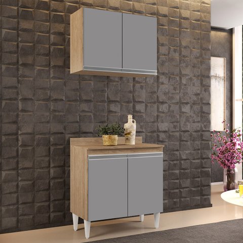 Kit Armário Aéreo e Balcão de Cozinha Lavanderia 02 Portas Loren 80 cm - D’Rossi Castanho e C