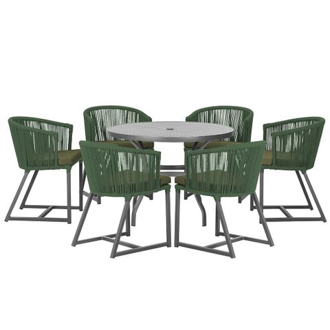 Mesa com 6 Cadeiras de Jantar Roma 120cm e Noronha em Alumínio Preto Corda Náutica Estofado 13 Trama