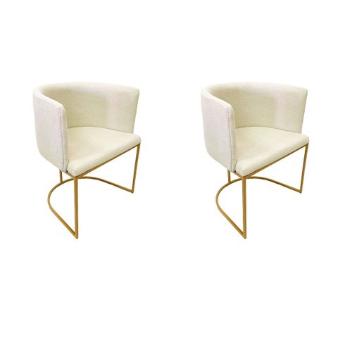 Cadeira Poltrona Decorativa Luxo Zoe Tecido Bouclé Base de Metal Dourado Fosco Kit 2 Peças Poltronas